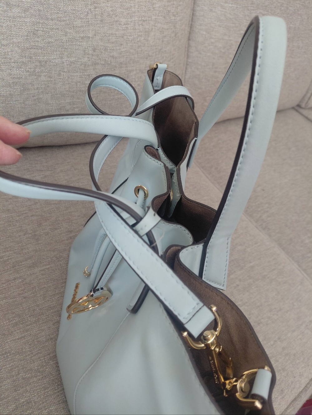 Michael Kors Phoebe Blue Drawstring Tote with Gold Hardware - Picture 7 of 12